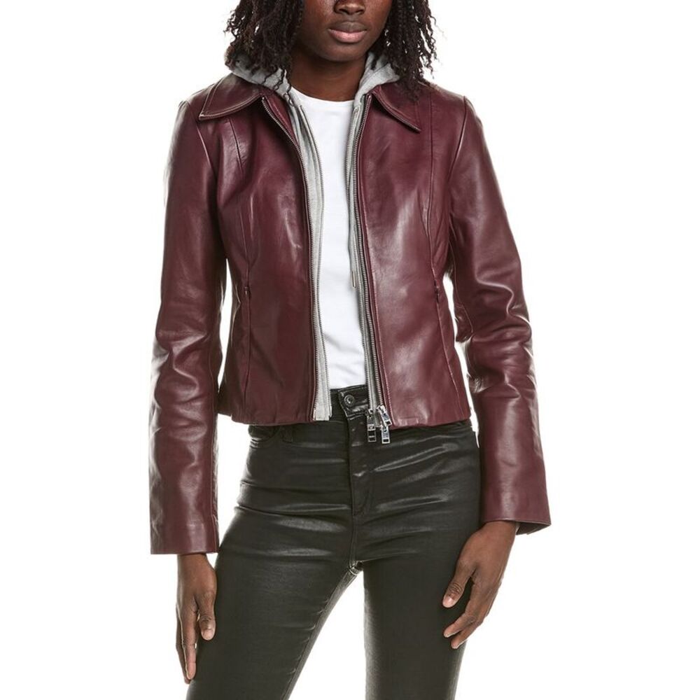 Lamarque Womens  Removable Bib Leather Jacket, Red